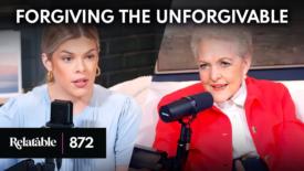 Two women sit in a podcast studio, each speaking into a microphone. One wears a light blue top and appears focused, while the other wears a bright red jacket and speaks expressively. Text above them reads: ‘Forgiving the Unforgivable,’ and a label in the corner displays ‘Relatable 872.’