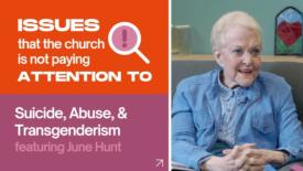 A split image shows a graphic on the left with bold text reading: ‘Issues that the church is not paying attention to,’ followed by ‘Suicide, Abuse, & Transgenderism.’ On the right, an older woman sits in a chair, smiling and speaking during an interview. The graphic includes an icon of a magnifying glass with an exclamation mark.