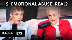 Two women sit in a podcast studio, each speaking into a microphone. One wears a light blue top and listens attentively, while the other wears a bright red jacket and speaks with emphasis. Text at the top reads: "Is 'Emotional Abuse' Real?" and a label in the corner displays ‘Relatable 873.’